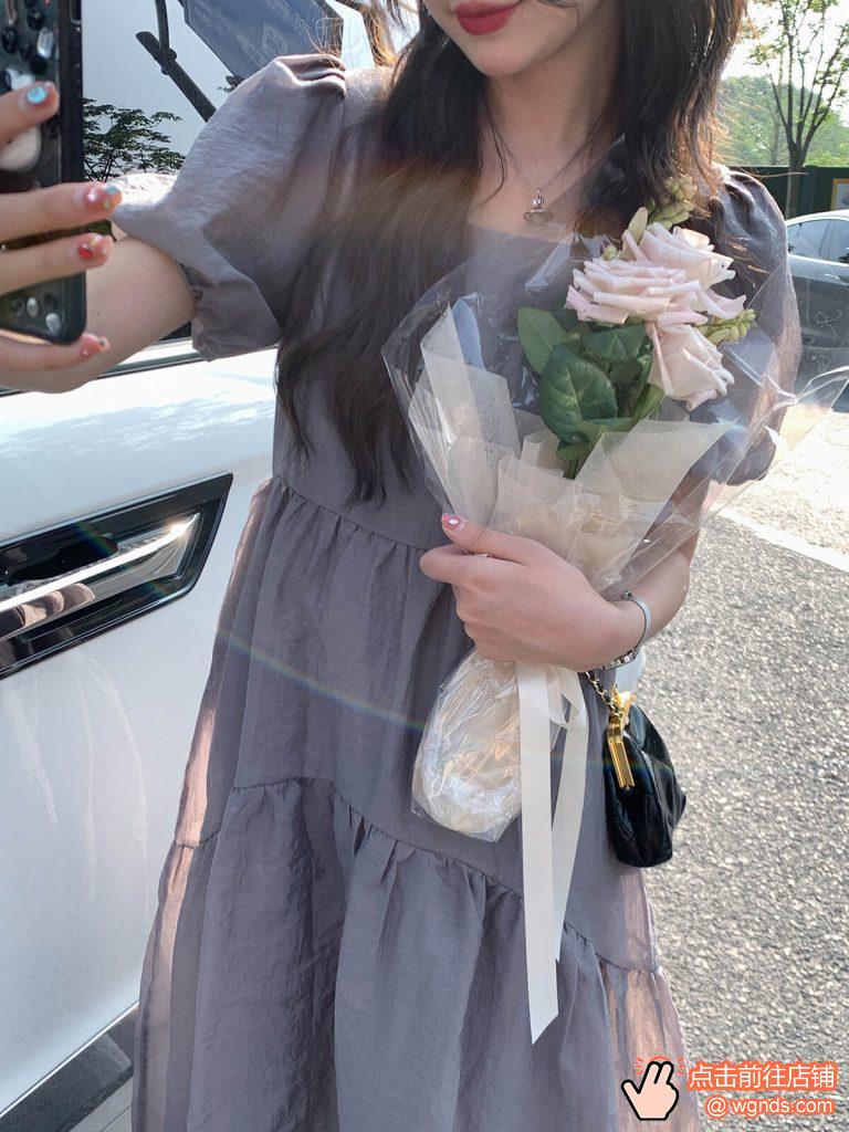 BingDaily高级感灰天鹅网纱泡泡袖连衣裙女2022夏小个子中长裙子
